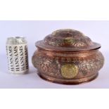 A RARE 18TH/19TH CENTURY TIBETAN COPPER AND YELLOW METAL EMBOSSED BOX AND COVER decorated with buddh