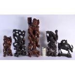 FIVE LARGE 19TH CENTURY CHINESE CARVED HARDWOOD FIGURES Qing. Largest 47 cm high. (5)