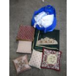 ASSORTED VINTAGE COUNTRY HOUSE CUSHIONS and embroideries. (qty)