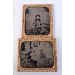 A PAIR OF ANTIQUE GILT METAL CASED PHOTOGRAPHS. 8.5 cm x 7 cm.