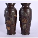 A PAIR OF 19TH CENTURY JAPANESE MEIJI PERIOD MIXED METAL BRONZE VASES decorated with birds and folia