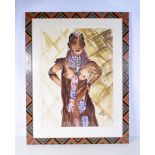 A framed watercolour of a African tribal female by Mumbi Ugo 95. 74 x 53 cm.