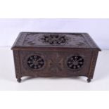 A antique small carved wooden box with hinged lid 13 x 25 x 15 cm.