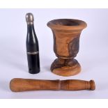 A CHARMING TREEN PESTLE AND MORTAR together with a Franco Paris Exhibition 1908 stanhope champagne b