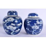 TWO 19TH CENTURY CHINESE BLUE AND WHITE PORCELAIN GINGER JARS AND COVERS. Largest 15 cm high. (2)