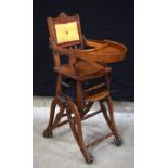 A 19th Century Metamorphic child's chair with upholstered back and metal wheels 95 x 35 x 53 cm