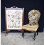 A VICTORIAN UPHOLSTERED EBONISED CHAIR and a similar screen. Largest 90 cm x 55 cm. (2)