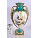 A LARGE 19TH CENTURY ENGLISH TWIN HANDLED PORCELAIN VASE painted with fowl within landscapes, upon a