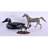 AN ART DECO EUROPEAN BRONZE FIGURE OF A CAMEL together with a similar horse & a duck decoy. Largest