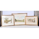 C V Parker 20th Century framed watercolour of a rural scene together with two other framed watercolo