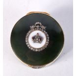 STYLE OF FABERGE GUILLOCHE NEPHRITE JADE TRINKET BOX. DECORATED WITH A CROWN SURROUNDED BY DIAMONDS
