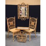 A pair of Wicker chairs together with a Wicker magazine rack, mirror, tray (5)