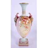 Royal Worcester two-handled ovoid pedestal prismatic vase, printed, painted and gilt with flowers an