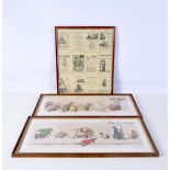 A framed collection of early 20th century advertising cards together with two French prints of dogs