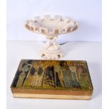 A continental stone pedestal bowl together with a painted wooden box largest 20 x 28 cm (2)