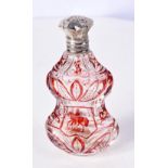 A RUBY GLASS ETCHED SCENT BOTTLE. 10.8cm x 6cm x 3.6cm