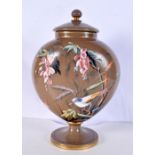 A Bohemian glass vase and cover ,hand painted birds in foliage 32 cm .
