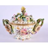 19th century ecuelle and cover painted and encrusted with flowers probably Chamberlains. 15cm High