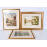 A framed watercolour of Bolton Abbey by G Goodall together with two other watercolours 19 x 30 cm (3