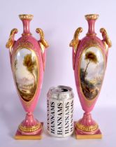 A FINE PAIR OF 19TH CENTURY ROYAL WORCESTER TWIN HANDLED PINK GROUND VASES by Harry Davis, painted w