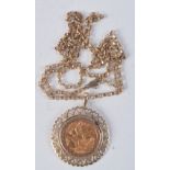 A 9CT GOLD NECKLACE with attached 1908 half sovereign. 13.7 grams. Chain 60 cm long, pendant 3.5 cm