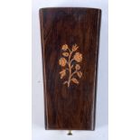 A 19TH CENTURY FRENCH LADIES MARQUETRY ROSEWOOD NECESSARIES with fitted interior. 170 grams. 9 cm x