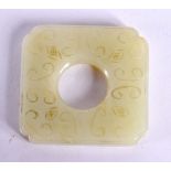 A 19TH CENTURY CHINESE CARVED GREEN JADE SQUARE DISC Qing. 5 cm square.