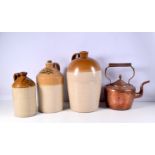 A collection of antique stone ware pots together with a vintage copper kettle largest 40 cm. (4)