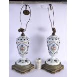 A LARGE PAIR OF BOHEMIAN COUNTRY HOUSE GLASS LAMPS. 65 cm high.