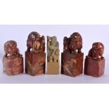 FIVE 19TH CENTURY CHINESE CARVED SOAPSTONE SEALS Qing. Largest 14 cm high. (5)
