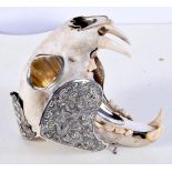 A RARE 19TH CENTURY INDIAN SILVER MOUNTED TIGER SKULL SMOKERS COMPENDIUM with associated silver spoo
