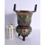 A 19TH CENTURY JAPANESE MEIJI PERIOD TWIN HANDLED BRONZE CHAMPLEVE ENAMEL CENSER decorated with mask