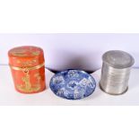 A French ceramic lidded jar decorated in Chinese style together with a Japanese metal pot and a dish