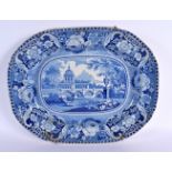 A LARGE MID 19TH CENTURY BLUE AND WHITE RECTANGULAR MEAT DISH depicting figures before a building. 3