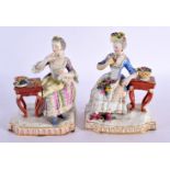 A PAIR OF 19TH CENTURY GERMAN MEISSEN PORCELAIN FIGURAL GROUPS modelled beside a table. 14 cm x 11 c