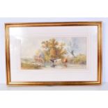 Henry Earp 1831 -1914 framed watercolour of cattle at a pond 25 x 50.5 cm.