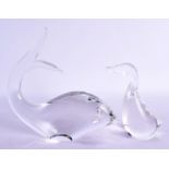 A SWEDISH GLASS WHALE and a similar duck. Largest 18 cm x 21 cm. (2)