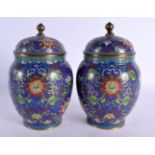 A PAIR OF 19TH CENTURY CHINESE CLOISONNE ENAMEL VASES AND COVER decorated with foliage. 18 cm x 8 cm