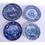 A 19TH CENTURY SPODE BLUE AND WHITE POTTERY PLATE together with two wedgwood plates Landing of the p