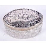 AN EDWARDIAN SILVER TOPPED CUT GLASS BOX AND COVER. Silver 23 grams. 10 cm x 7 cm.