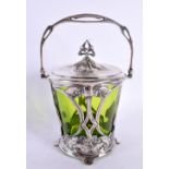 A STYLISH WMF ART NOUVEAU SILVER PLATED GREEN GLASS BISCUIT BARREL AND COVER. 25 cm x 12 cm.