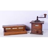 A small mid century wooden ink stand together with an antique coffee grinder 15 x 7 x 24.5cm.