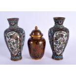 A PAIR OF LATE 19TH CENTURY JAPANESE MEIJI PERIOD ENAMELLED COPPER VASES together with another. Larg