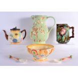 AN AESTHETIC MOVEMENT MAJOLICA TEAPOT AND COVER together with a similar jug, a Beswick jug & a salad