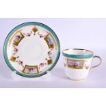 Late 19th century Minton coffee and saucer painted with roses and gilt pendants under turquoise bord