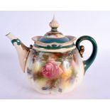 Hadley Worcester rare teapot and cover painted with roses, green mark 1890’s. 14cm High