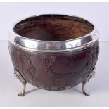 A RARE 18TH/19TH CENTURY IRISH SILVER MOUNTED COCONUT BOWL decorated with animals and shamrock. 14 c