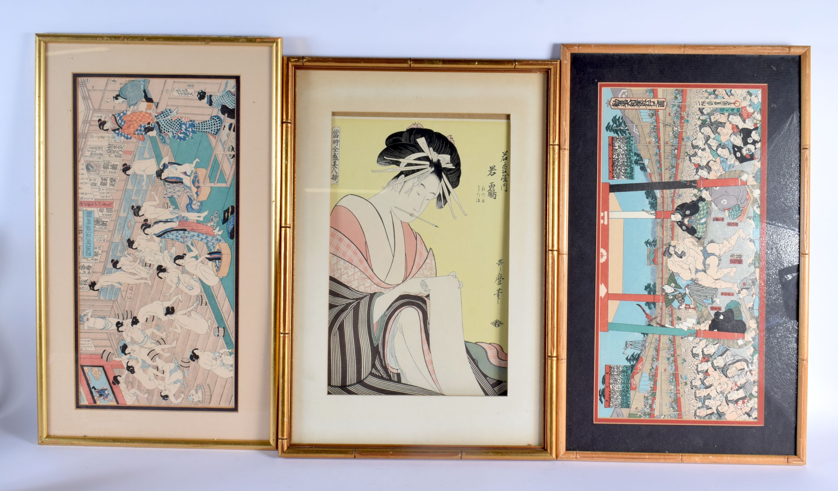 TWO 19TH CENTURY JAPANESE MEIJI PERIOD WOOD BLOCK PRINTS together with another picture of a geisha.