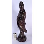 A VERY LARGE 19TH CENTURY CHINESE SILVER INLAID FIGURE OF GUANYIN Qing. 56 cm high.
