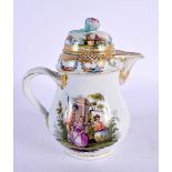 AN ANTIQUE GERMAN MEISSEN PORCELAIN JUG AND COVER painted with figures in landscapes. 15 cm x 9 cm.
